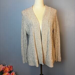 Chunky Cable Knit Sweater Cardigan Open Front Cozy Cabin Tan Speckle Fabric